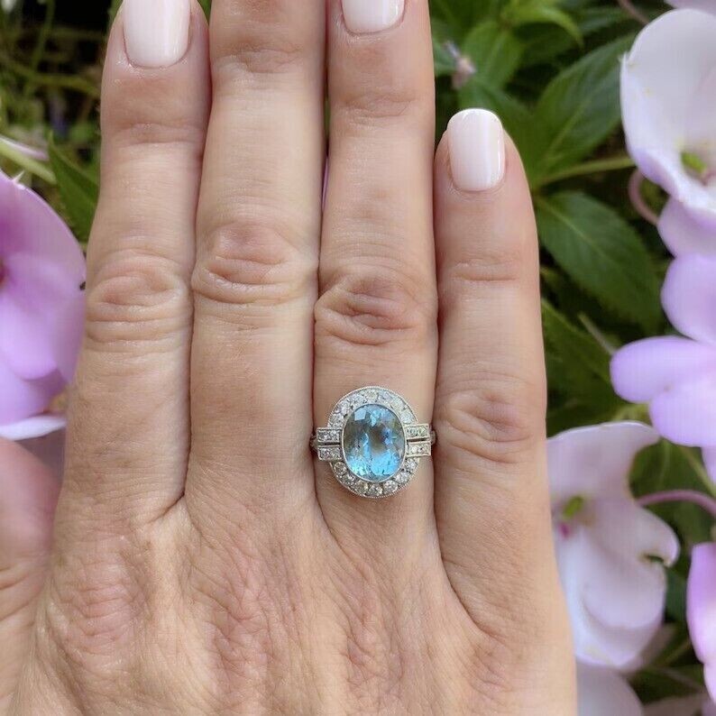 2.5Ct Cocktail Lab-Created Aquamarine Halo Anniversary Ring 14K White Gold Finis