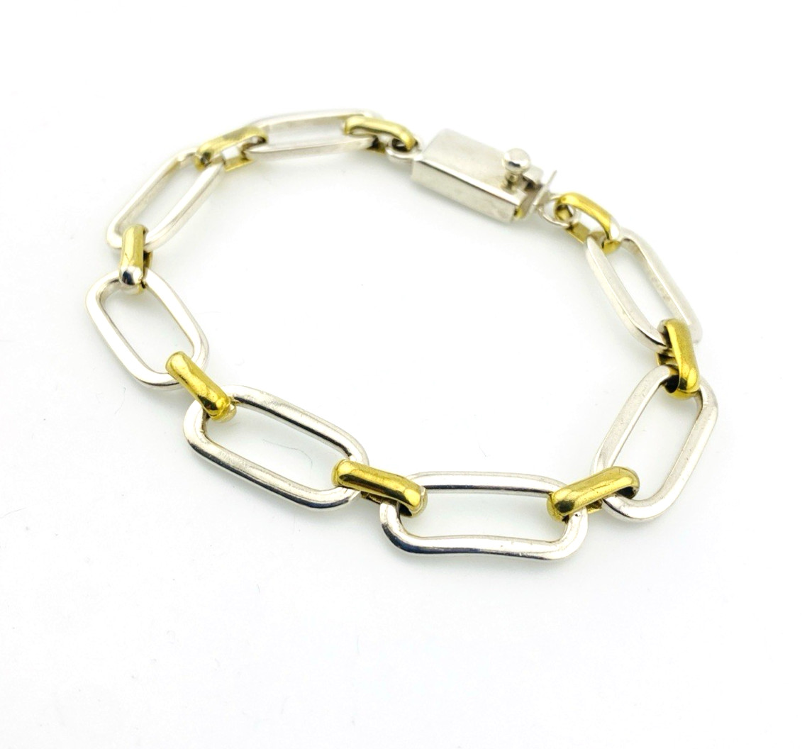 Mexico Sterling Silver Brass Link Bracelet Mixed Metal Chunky Chain 6.75 Inches