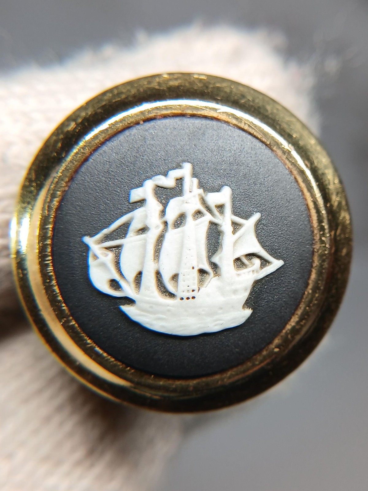 Vintage Wedgwood Black Jasperware Ship Single Cufflink Gold Tone England