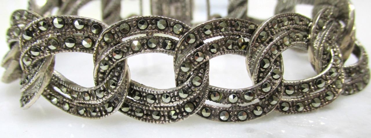 Vintage Sterling Silver Marcasite Curb Link Bracelet ~ 7-1/4″ ~ 29.5g ~ 5-D549