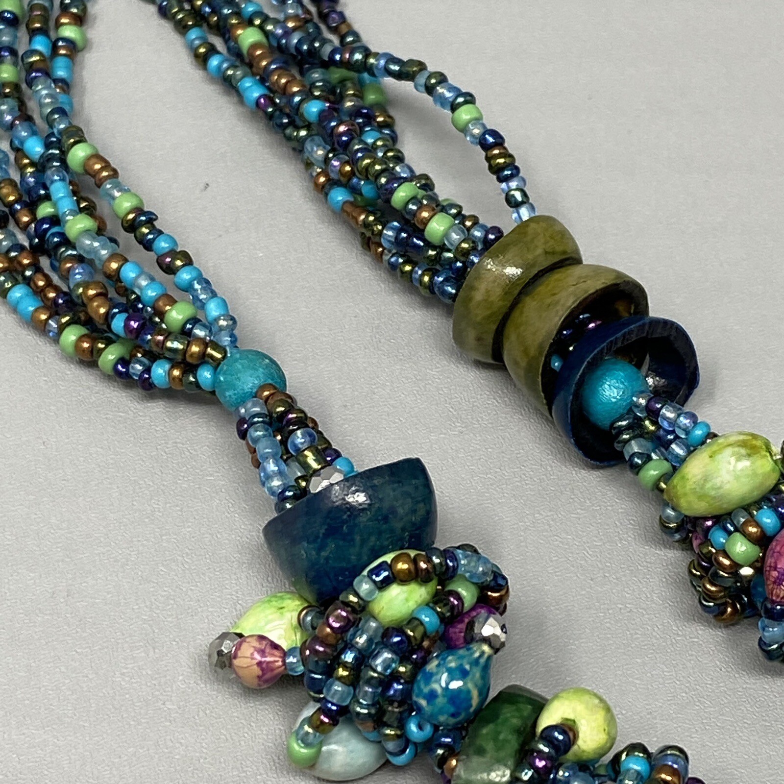 Boho Necklace Vintage Blue Multicolor Seed Bead Dyed Nut Multi Strand Collar 19″