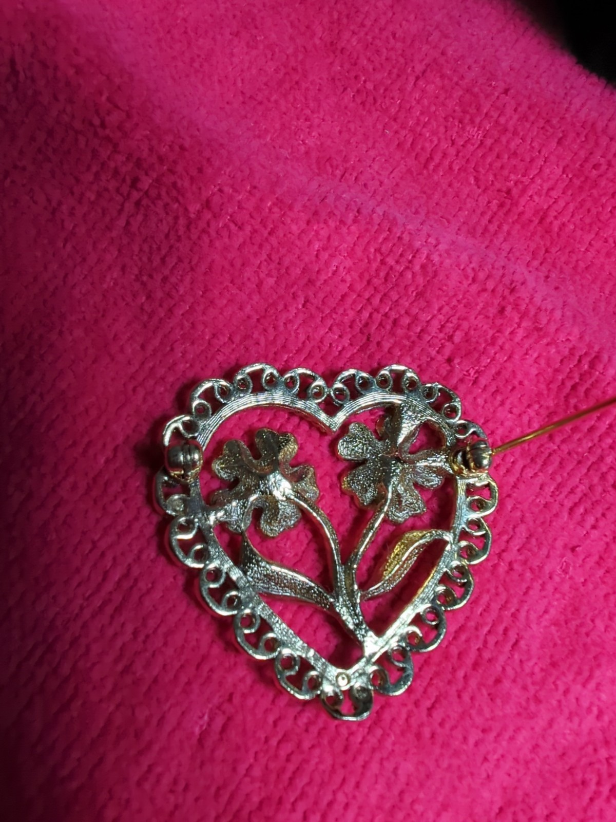 Goldtone Flower and Heart Faux Pearls Brooch & Filigree Butterfly Pin Vintage