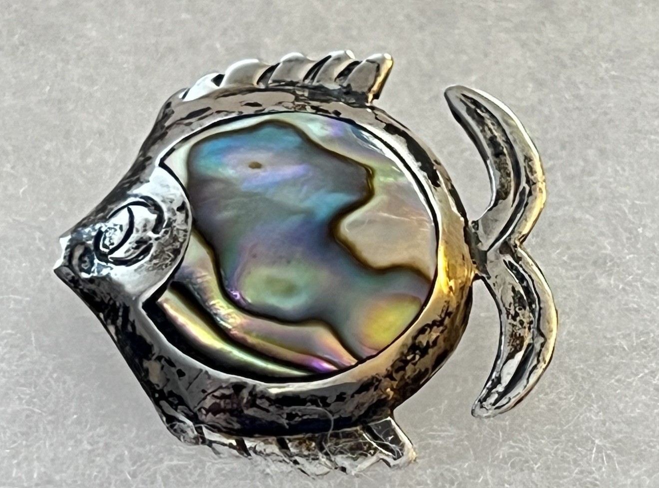 Vintage Taxco Mexico FRH 925 Sterling Silver Abalone Fish Pin Brooch Artisan Mex