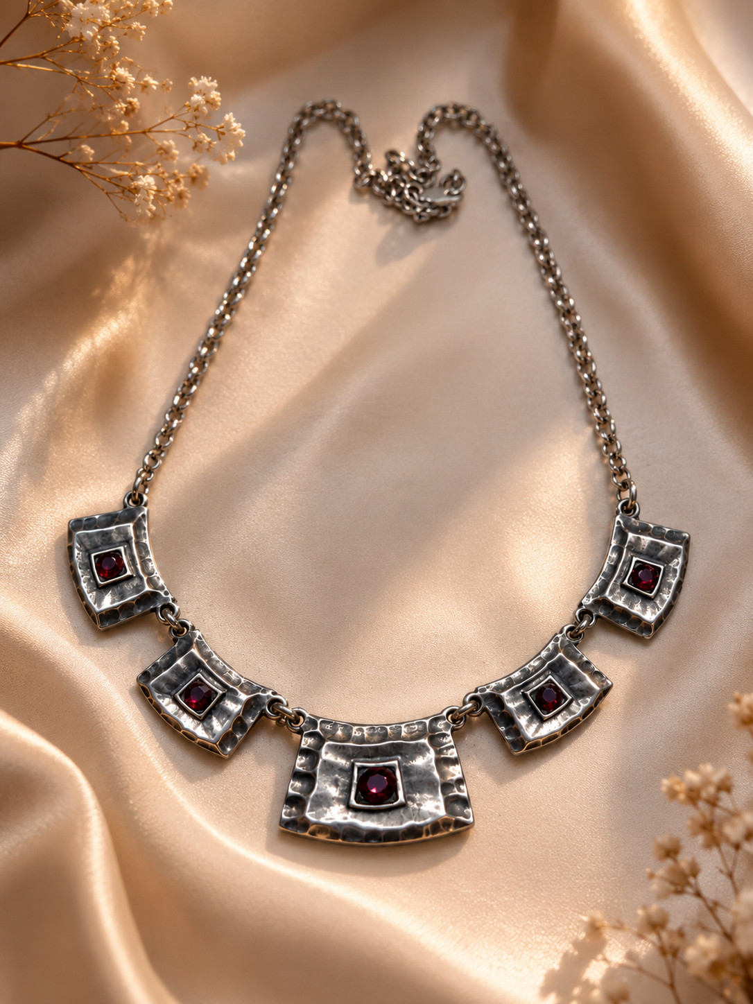 Vintage Silver Tone Statement Necklace Red Stone Geometric Art Deco Style