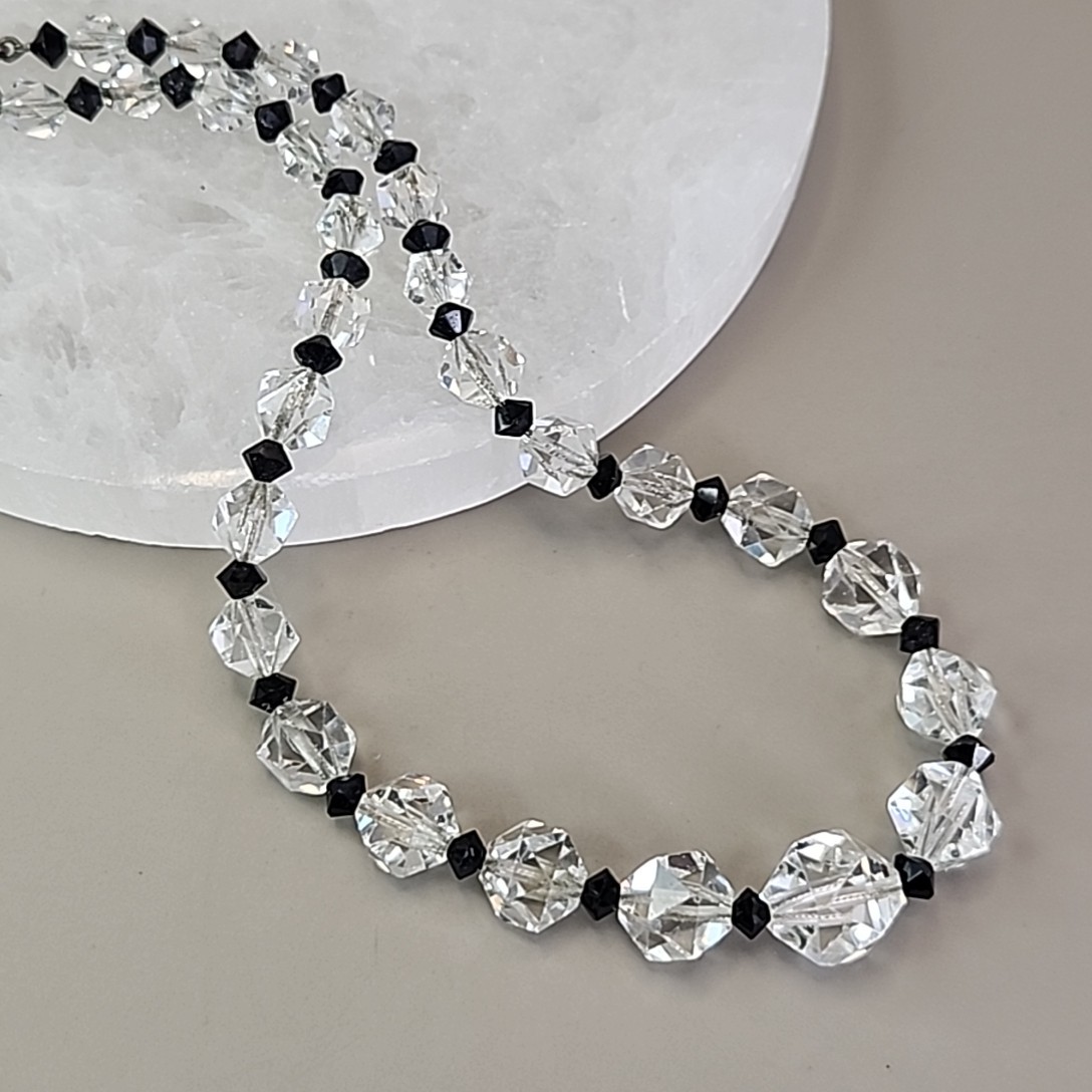 Vintage Glass Beaded Necklace Clear Round Black Bicone Accents 14.75″