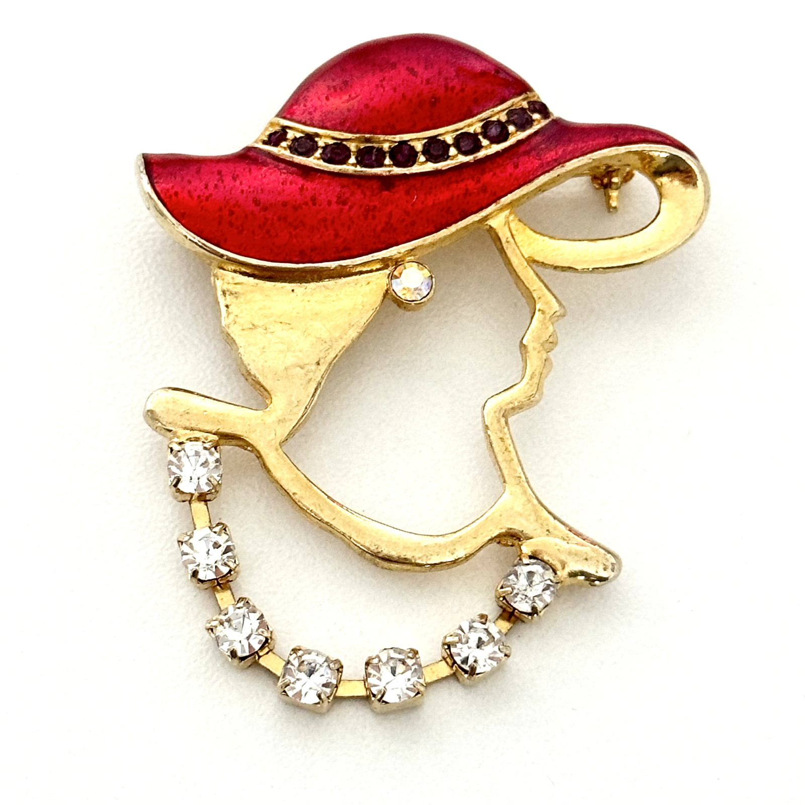 Vintage Gold Tone Lady Red Enamel Hat Bonnet Clear Purple Rhinestone Brooch Pin