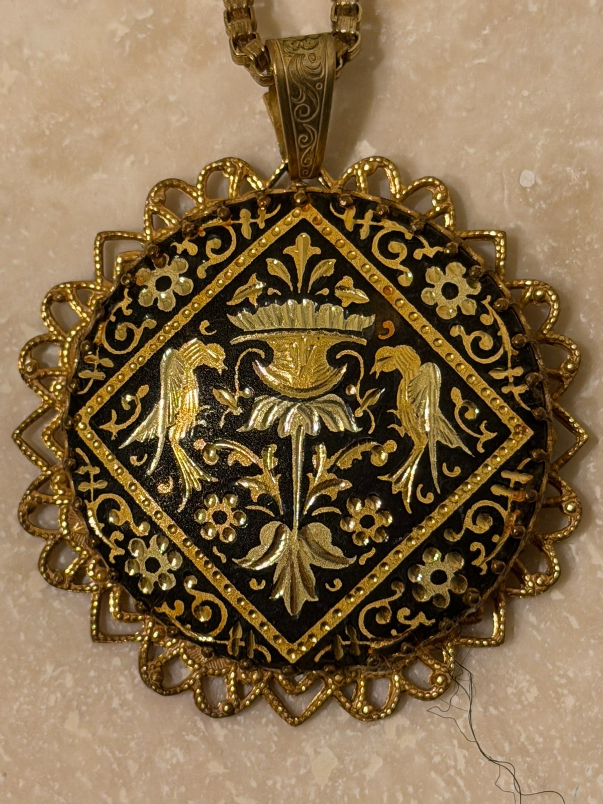 Vintage Signed Miriam Haskell Toledo Damascene Pendant Necklace