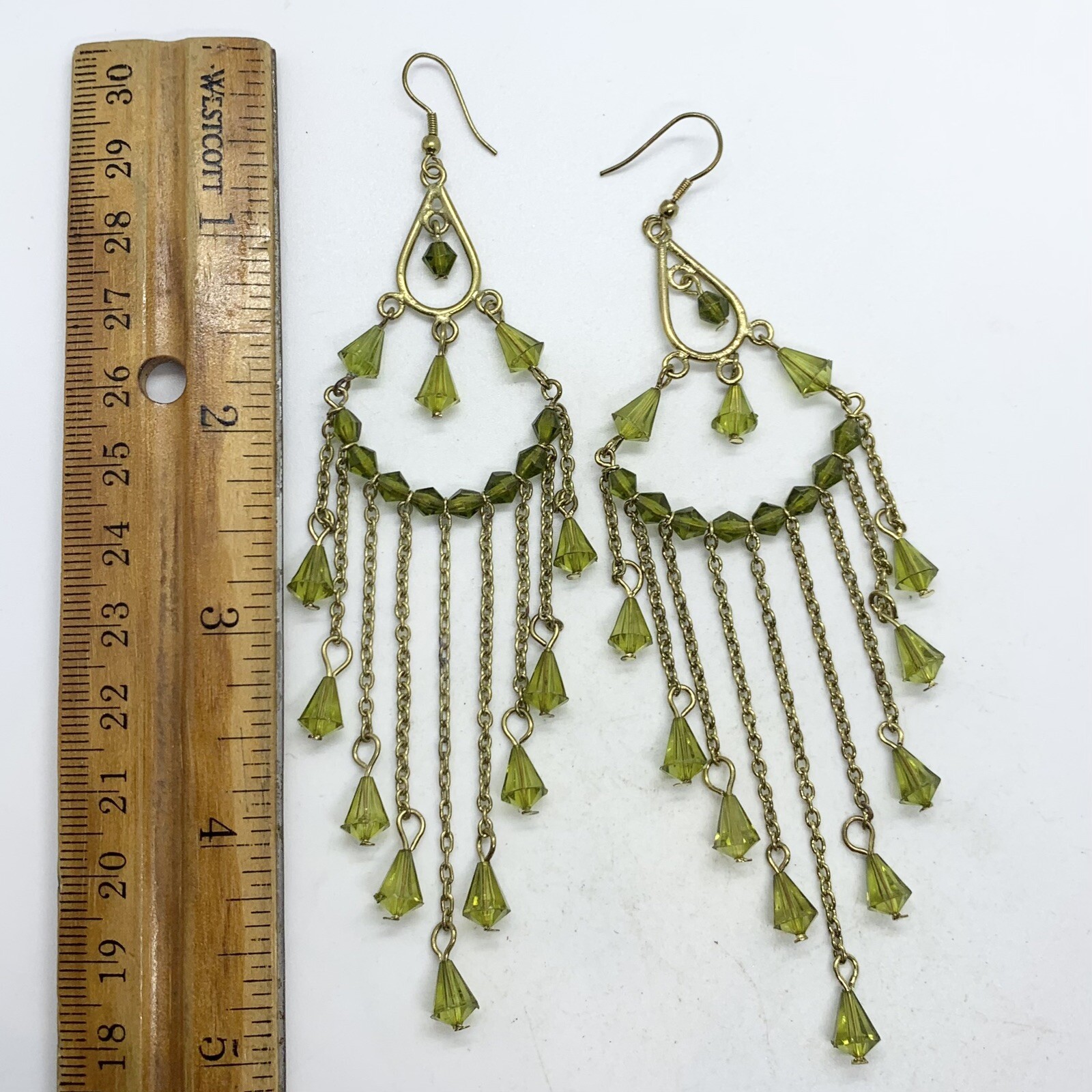 VTG OLIVE GREEN CRYSTAL ACRYLIC 5” DROP GOLD CHAIN NOUVEAU DANGLE EARRINGS HOOK