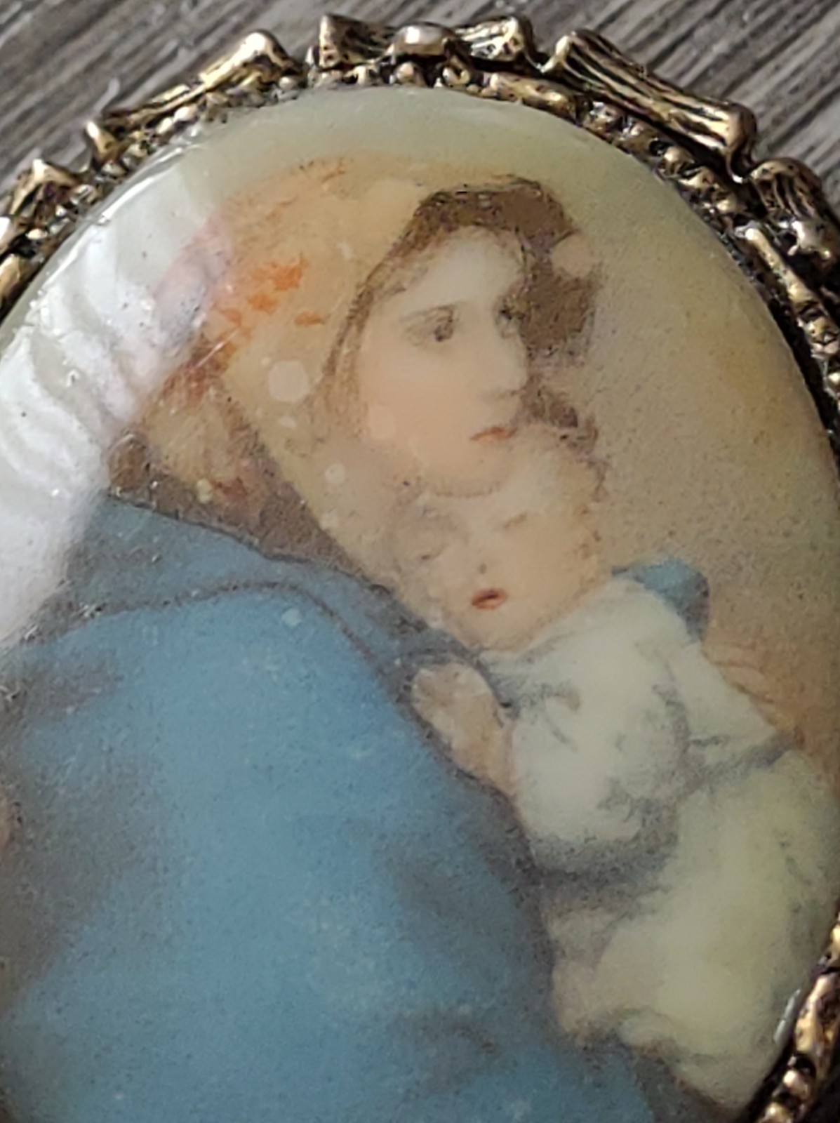 Vintage Madonna And Child Brooch Pin Pictorial Porcelain Mother And Baby