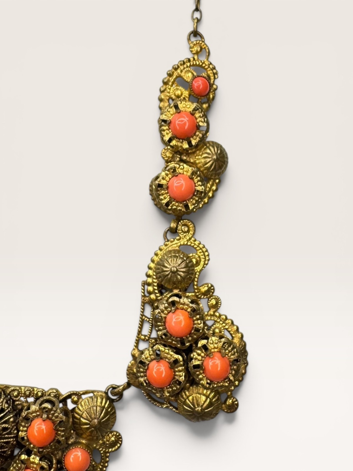 Brass Filigree Bib Festoon Necklace Coral Orange Glass Beads Art Deco