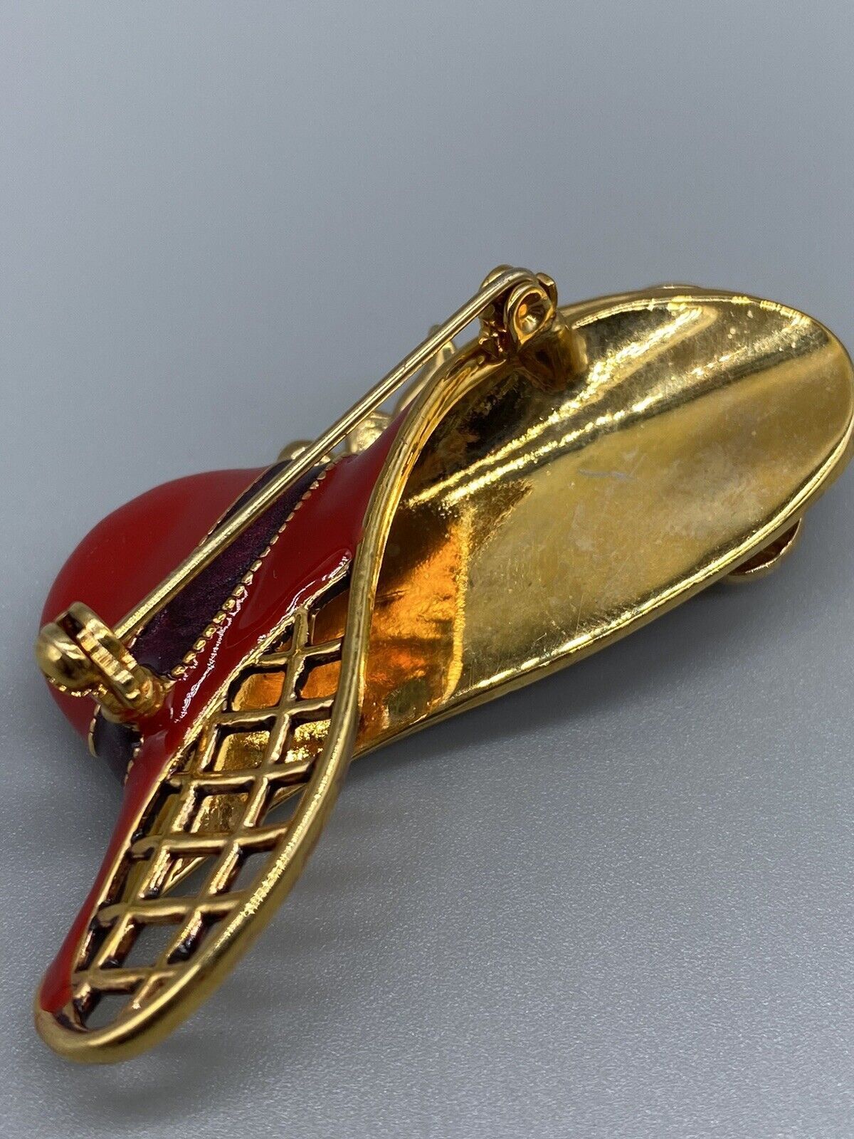 Vintage 1960s Brooch Pin Lapel Lady Hat Red Enamel Rhinestone Gold Tone