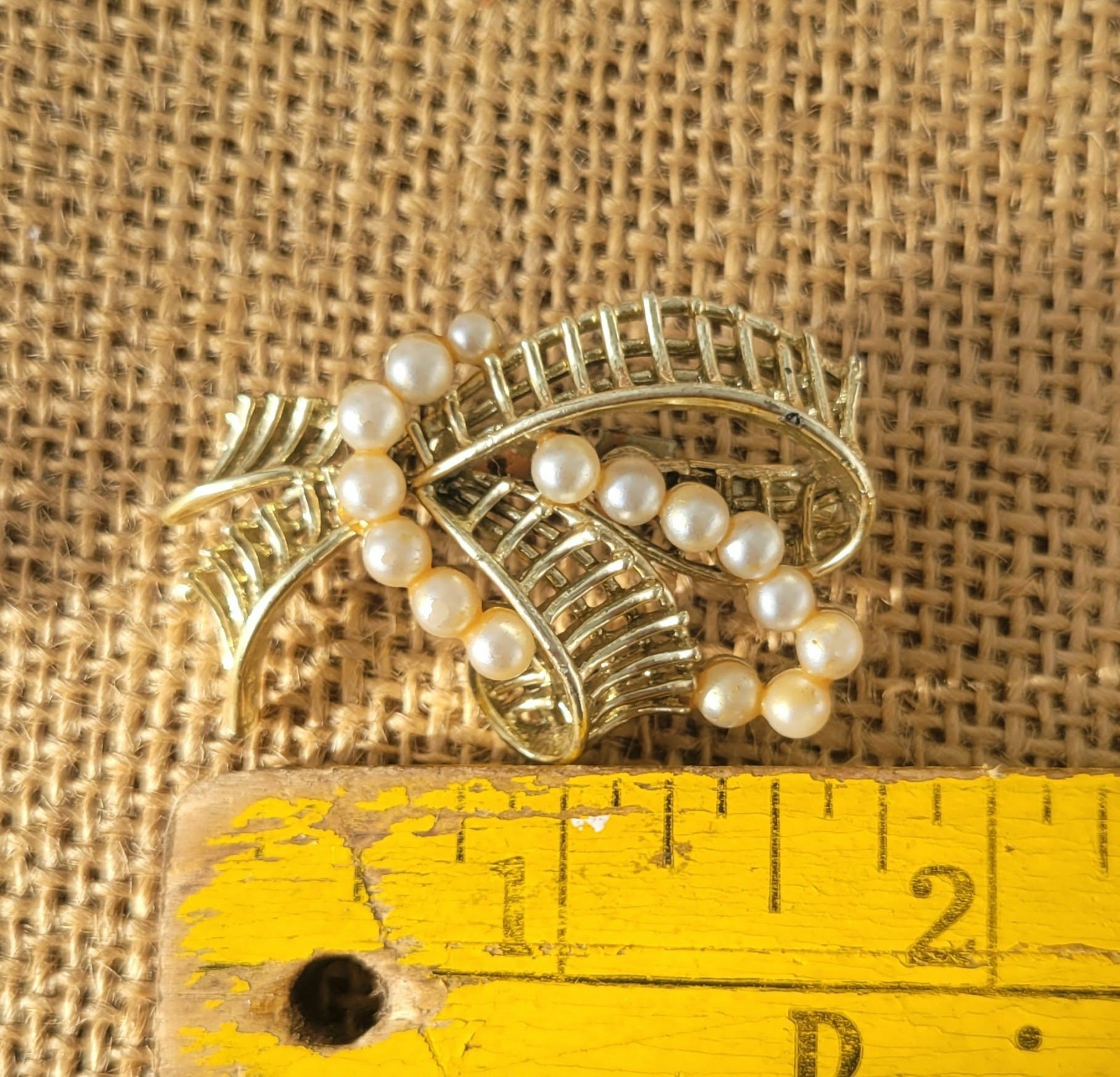 Vintage Faux Pearl Bow Pin Brooch & Clip Earring Set, 1970’s Gold Tone Jewelry