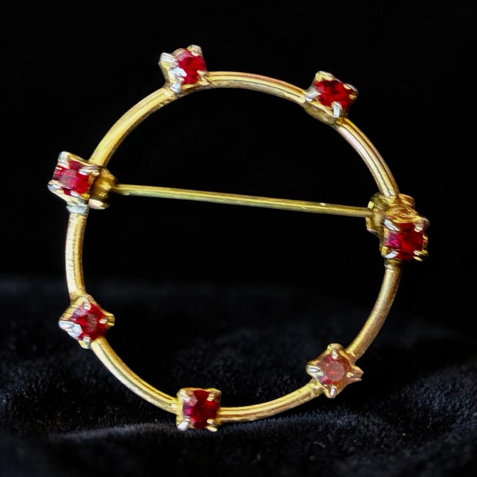 Rhinestone Brooch Vintage Red Circle Gold Tone Pin Mid Century 1950s