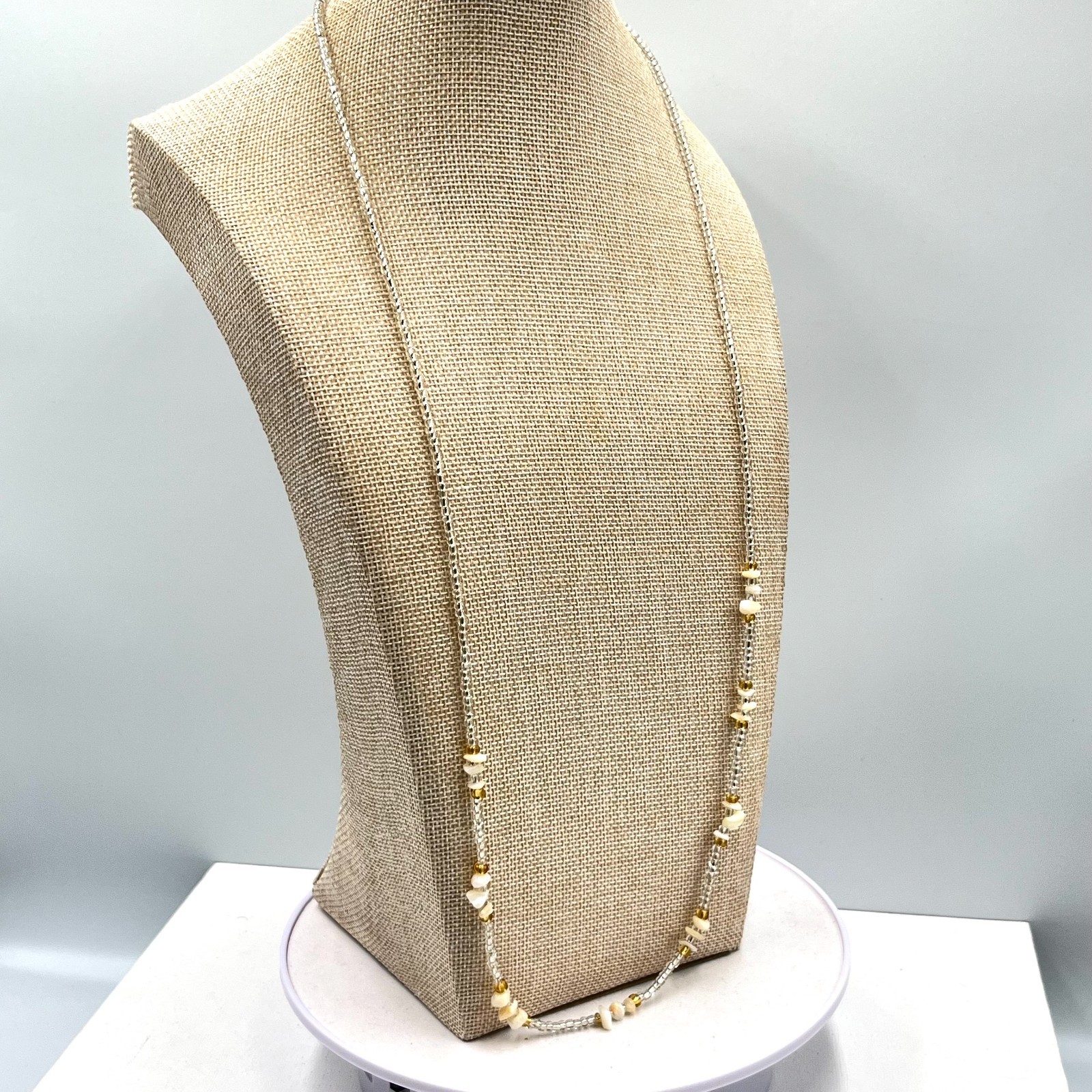 Vintage Earthy Seed Bead & Shell Chip Necklace Cream Amber Tone Boho Strand