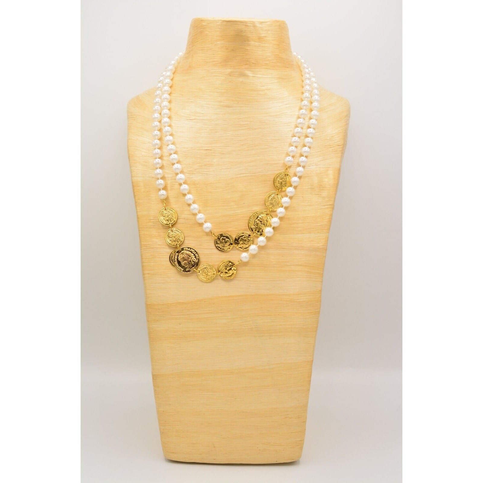 Vintage Pearl Coin Station Necklace Gold Linked White Beaded NOS 1990s BinA12