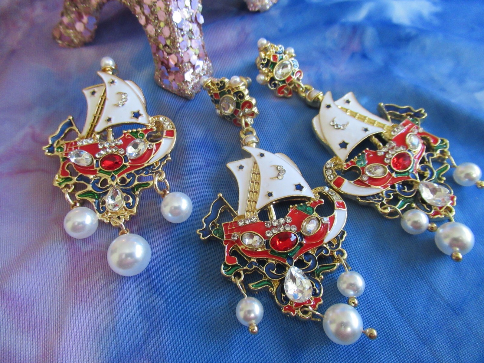 Art Nouveau Earrings Sailboat Ship Boat Pearl Earring & Brooch Crystal Pearl Set