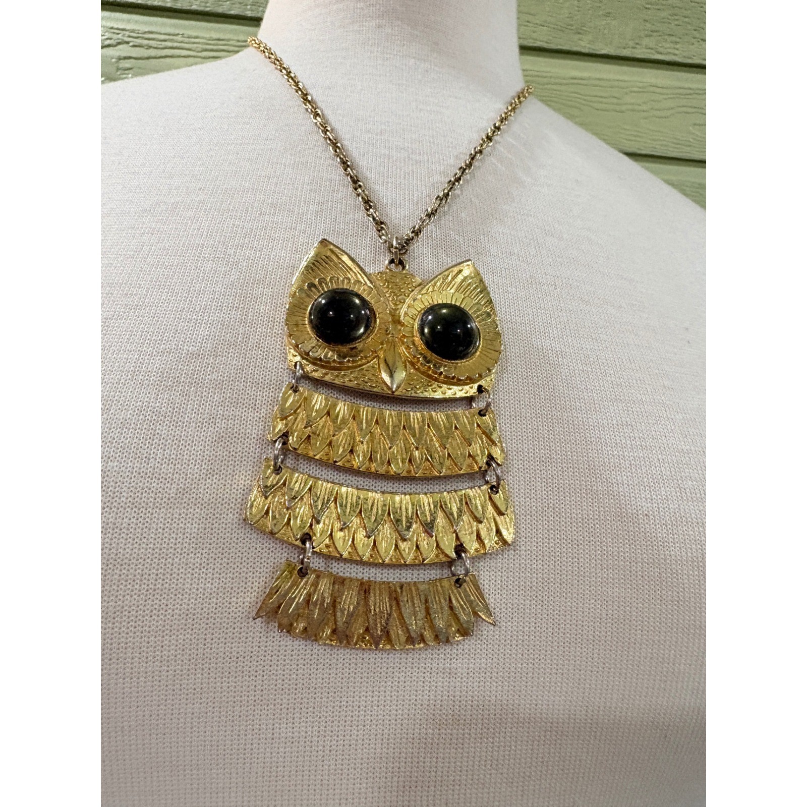 Vintage Articulated Owl Pendant Necklace Gold Tone Green Glass Eyes