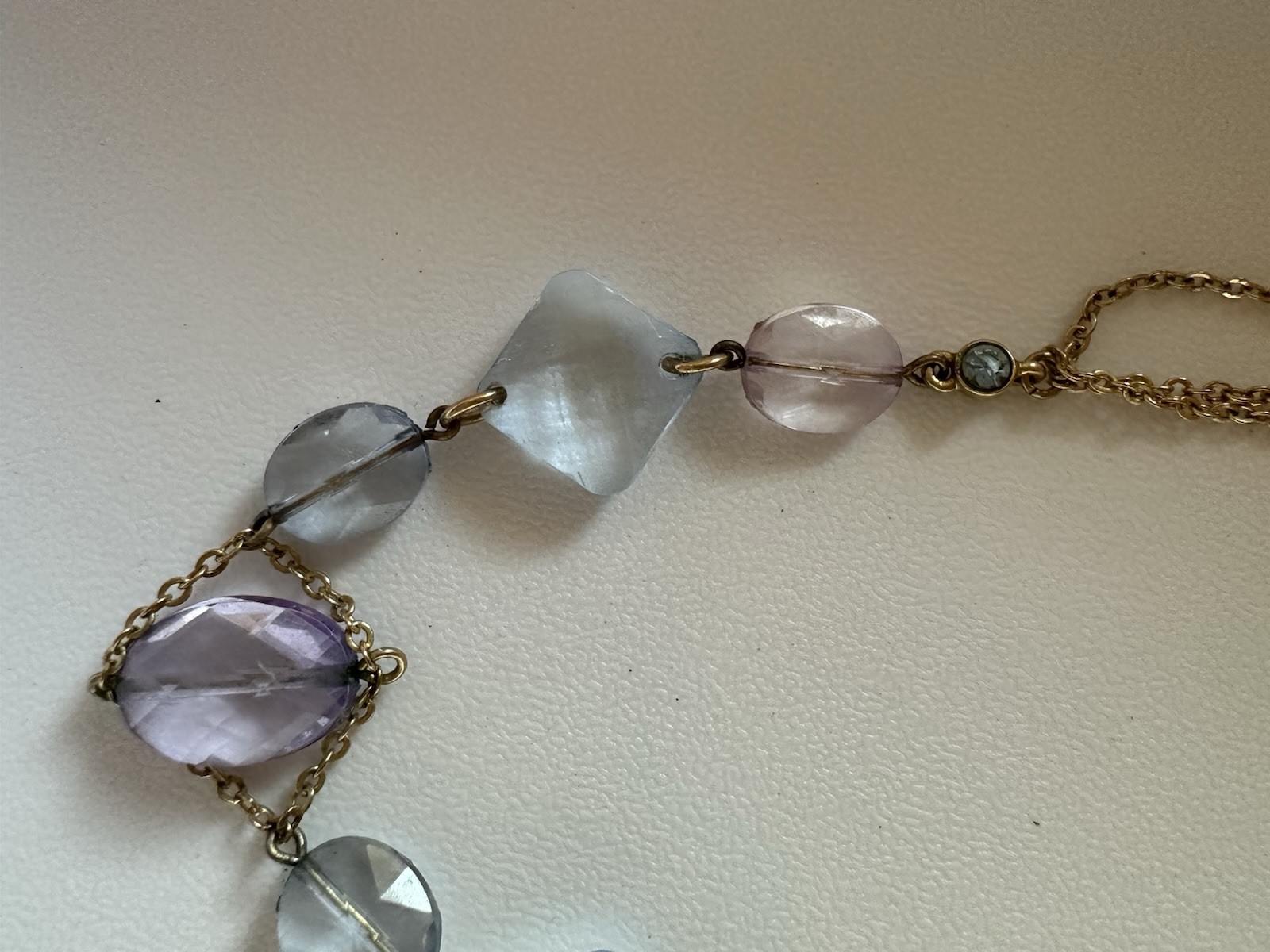 Vintage Light Purple And Blue Acrylic Pendants On Gold Tone Multi Strand Chain