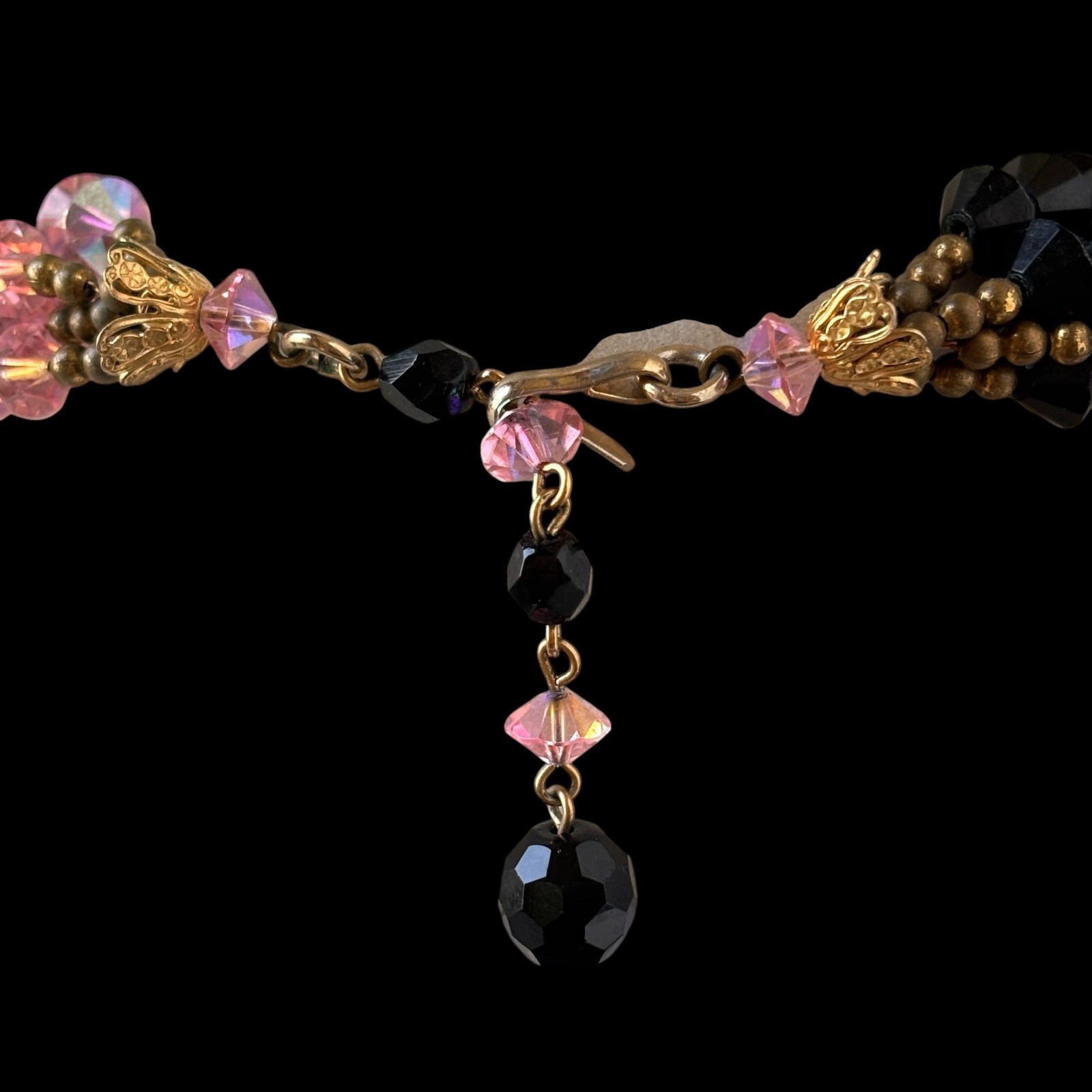 Vtg Multistrand Black and Pink Glass AB Crystal Torsade Necklace 15-17in