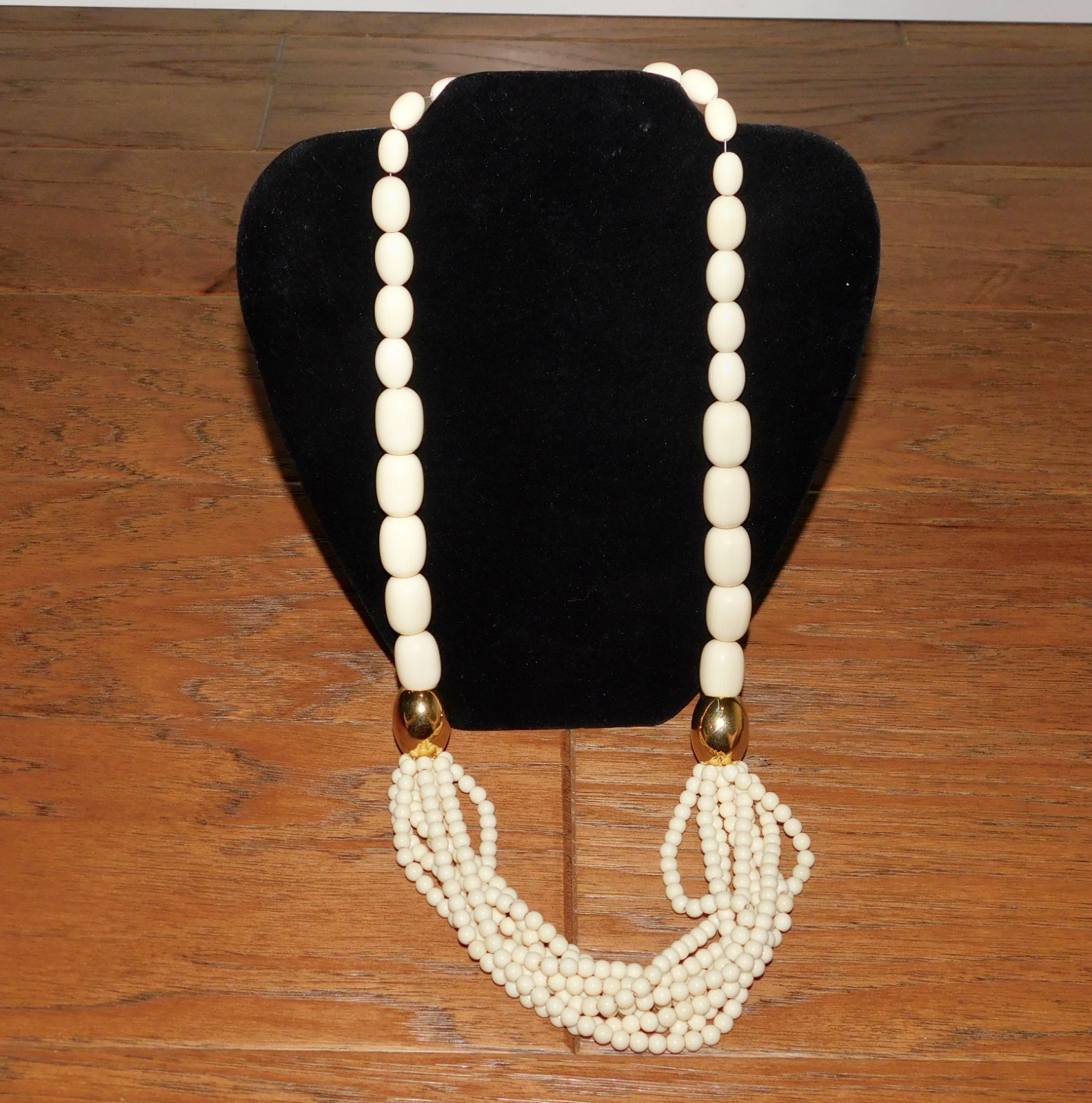 RARE! Napier Ivory/Gold Statement Necklace 30″ Oblong Beads Graduated MCM