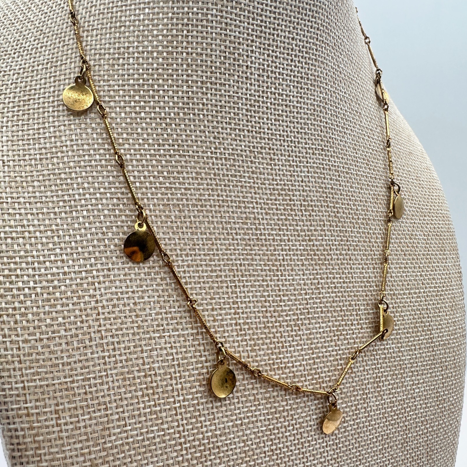Vintage 90s Gold Tone Circle Disc Charm Station Necklace Minimalist Jewelry