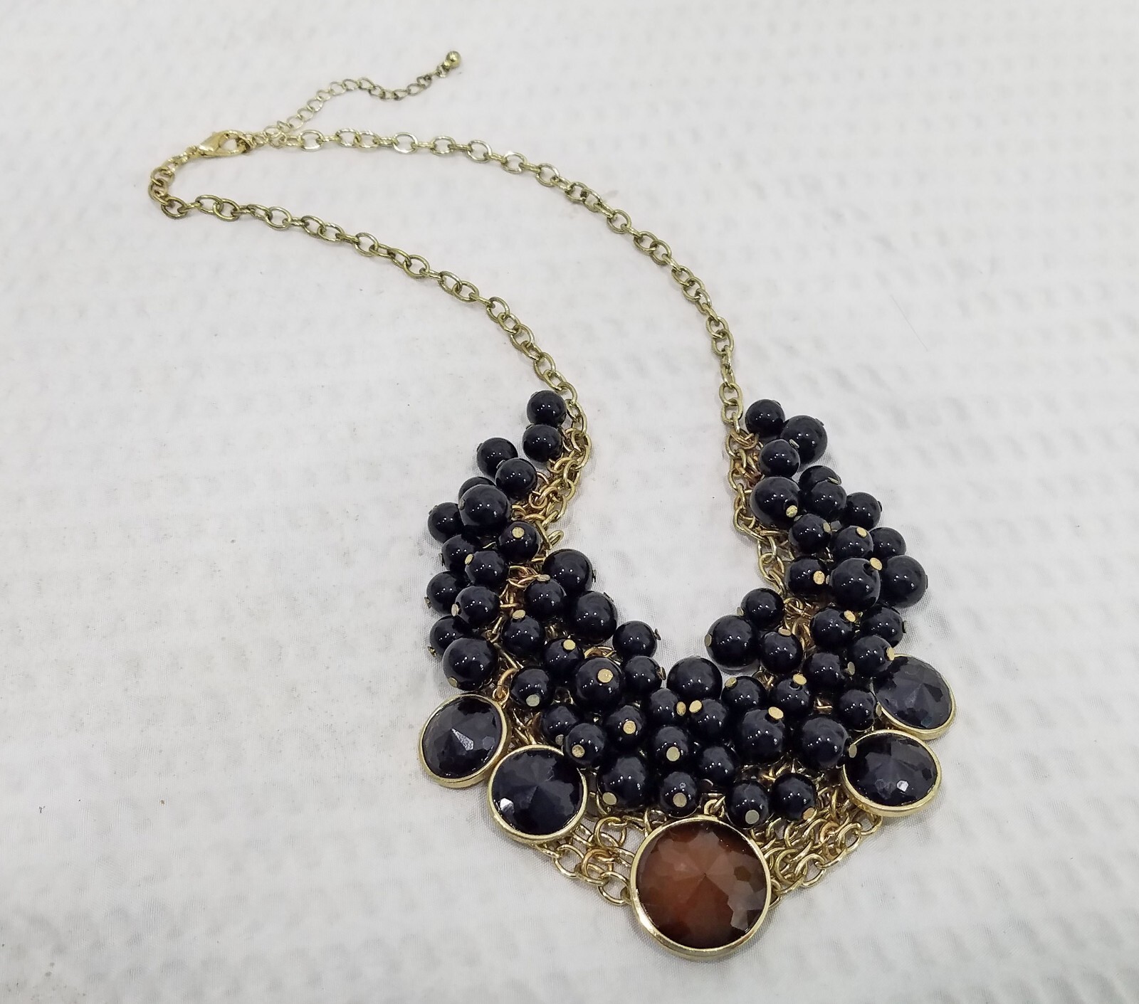 Vintage Gold Tone Maille Mesh With Black Brown Bead Cluster Bib Choker Necklace