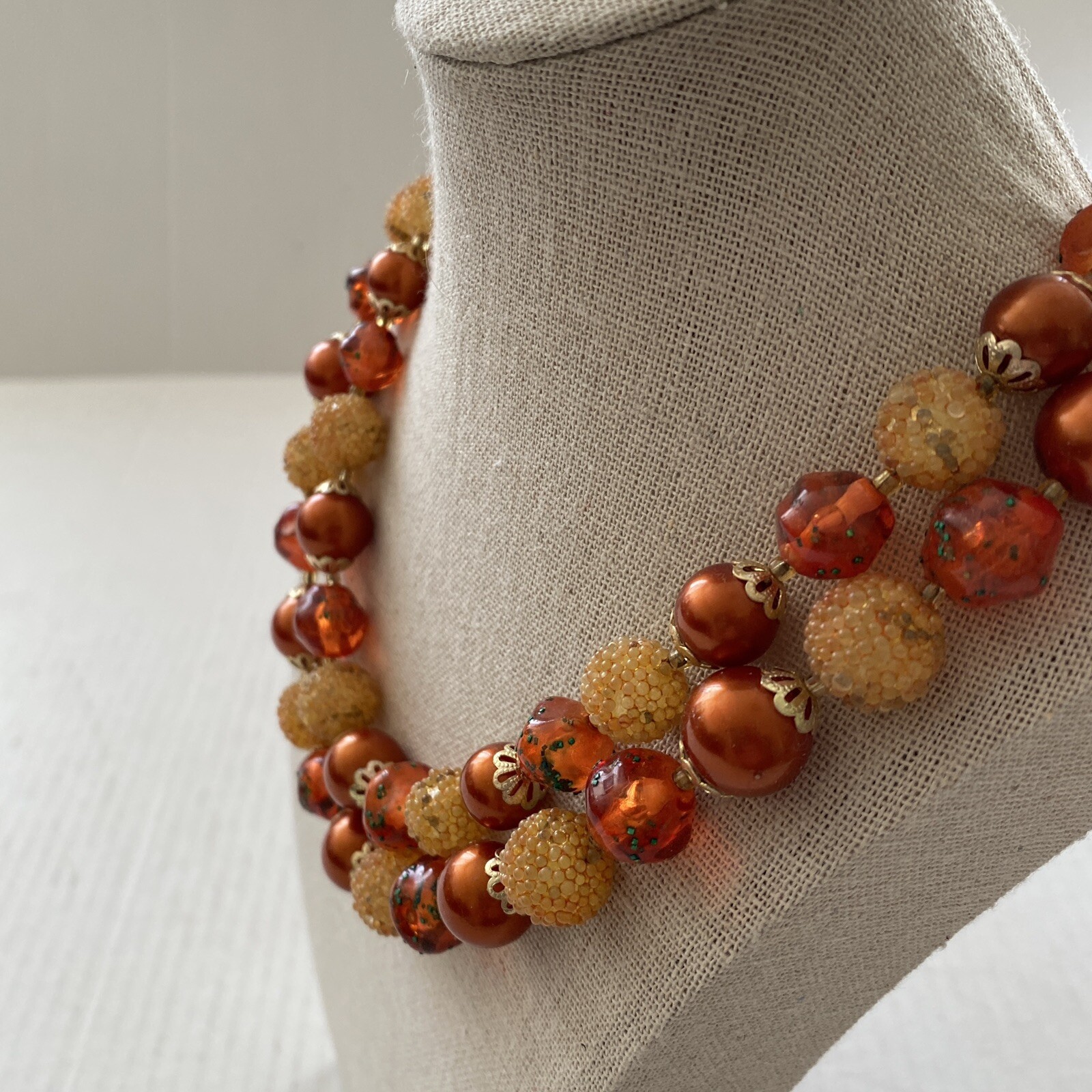 Vintage 20″ Bead Necklace Double Strand Copper Color Sugar Autumn Fall Colors