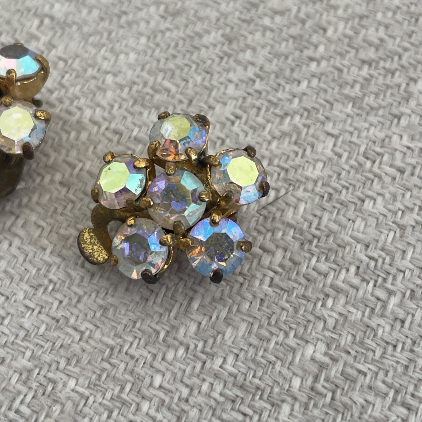Vintage Floral Cluster Rhinestone Crystal Clip On Earrings Aurora Borealis