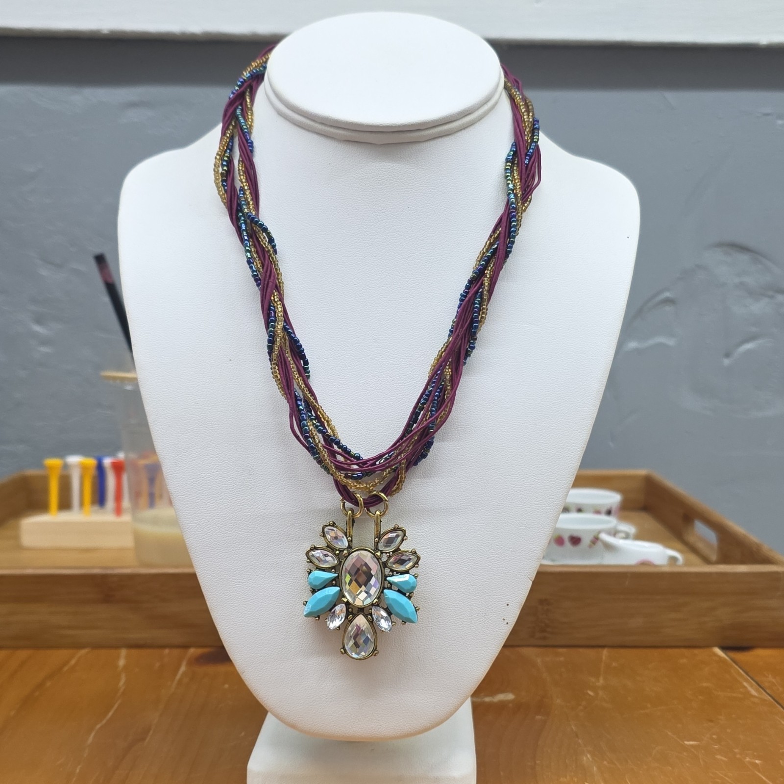 Vintage Necklace Multi Braided Bead Strand Statement Rhinestone Turquoise Blue