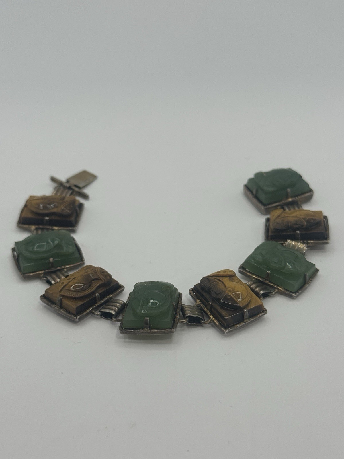 Vintage Sterling Silver Jade Tiger Eye Panel Bracelet Jadestore China 28.8g