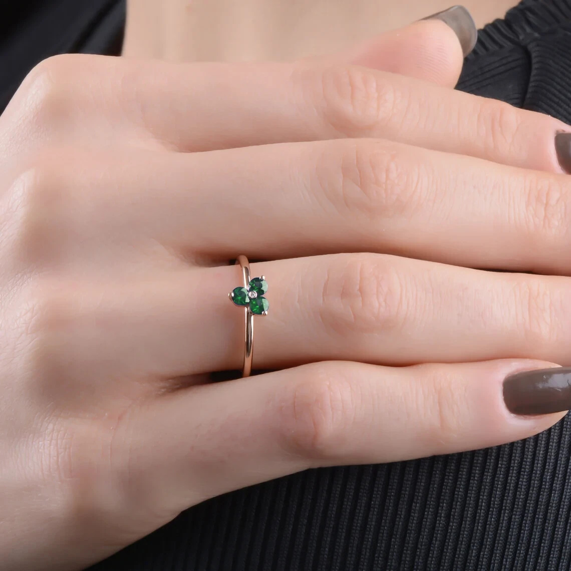 Emerald Gemstone Ring Minimal Solid 14k Rose Gold Diamond Ring Wedding Jewelry