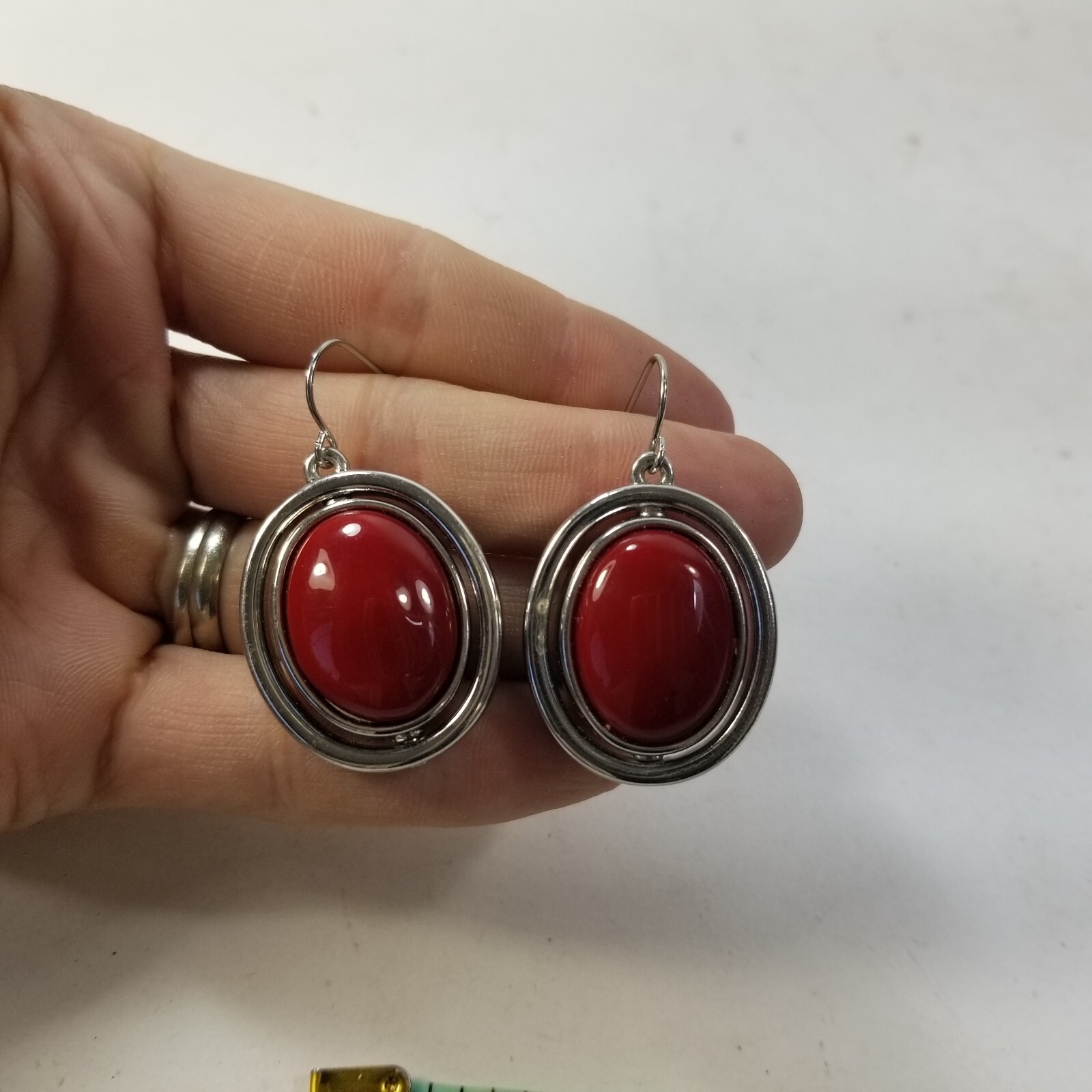 silver tone red & Black Reversible drop dangle hook pierced earrings