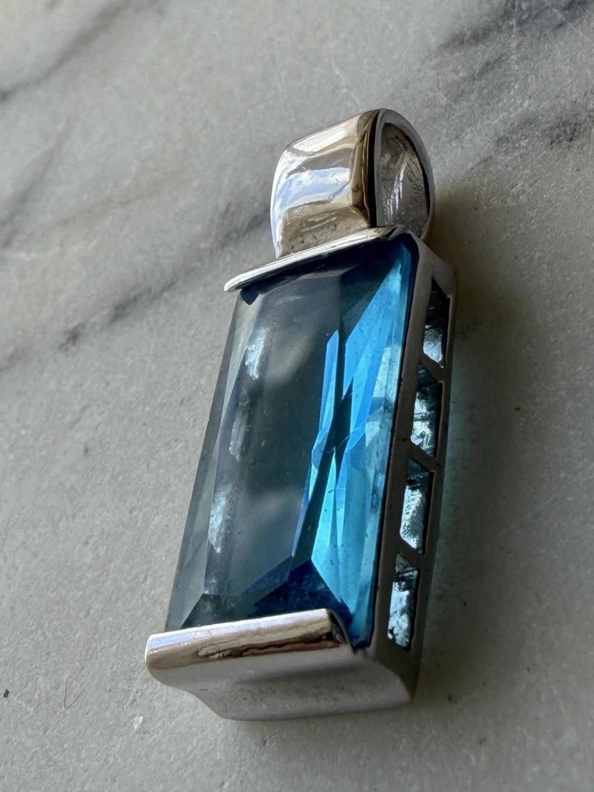 Vintage silver tone blue glass crystal pendant Statement piece
