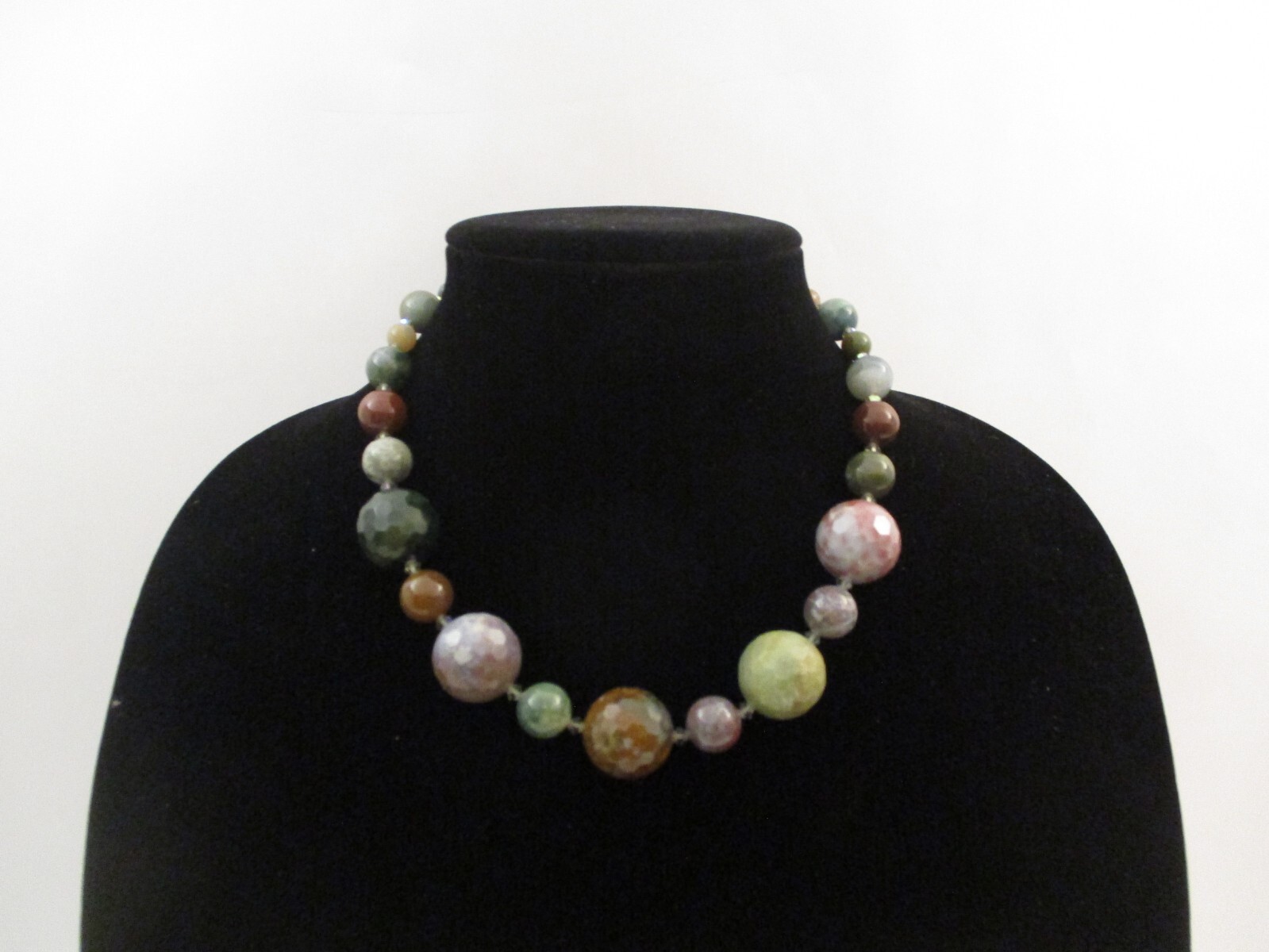 Vintage Large Polished Stone Bead Necklace Graduated Faceted Sterling Clasp