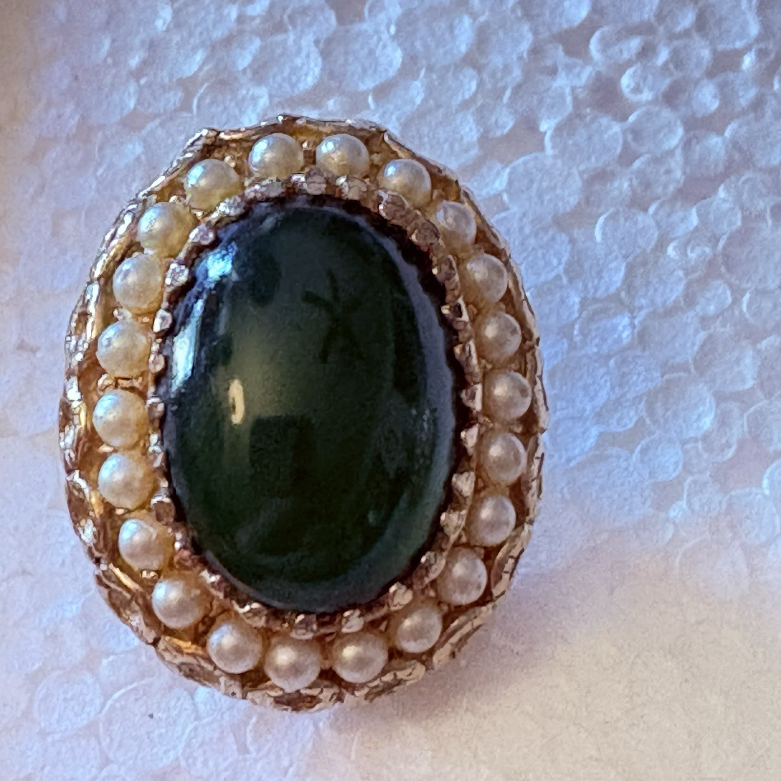 Vintage Zentall Clip On Earrings Green Cabochon Pearl Halo Gold Tone MCM Classic