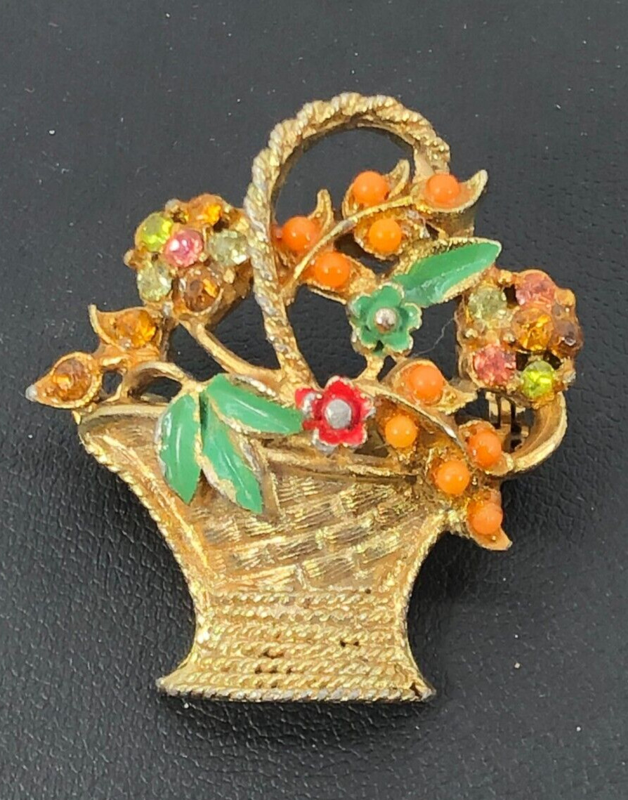 Vintage Flower Basket Brooch Pin Gold Tone Multicolor Rhinestones Enamel Coro??