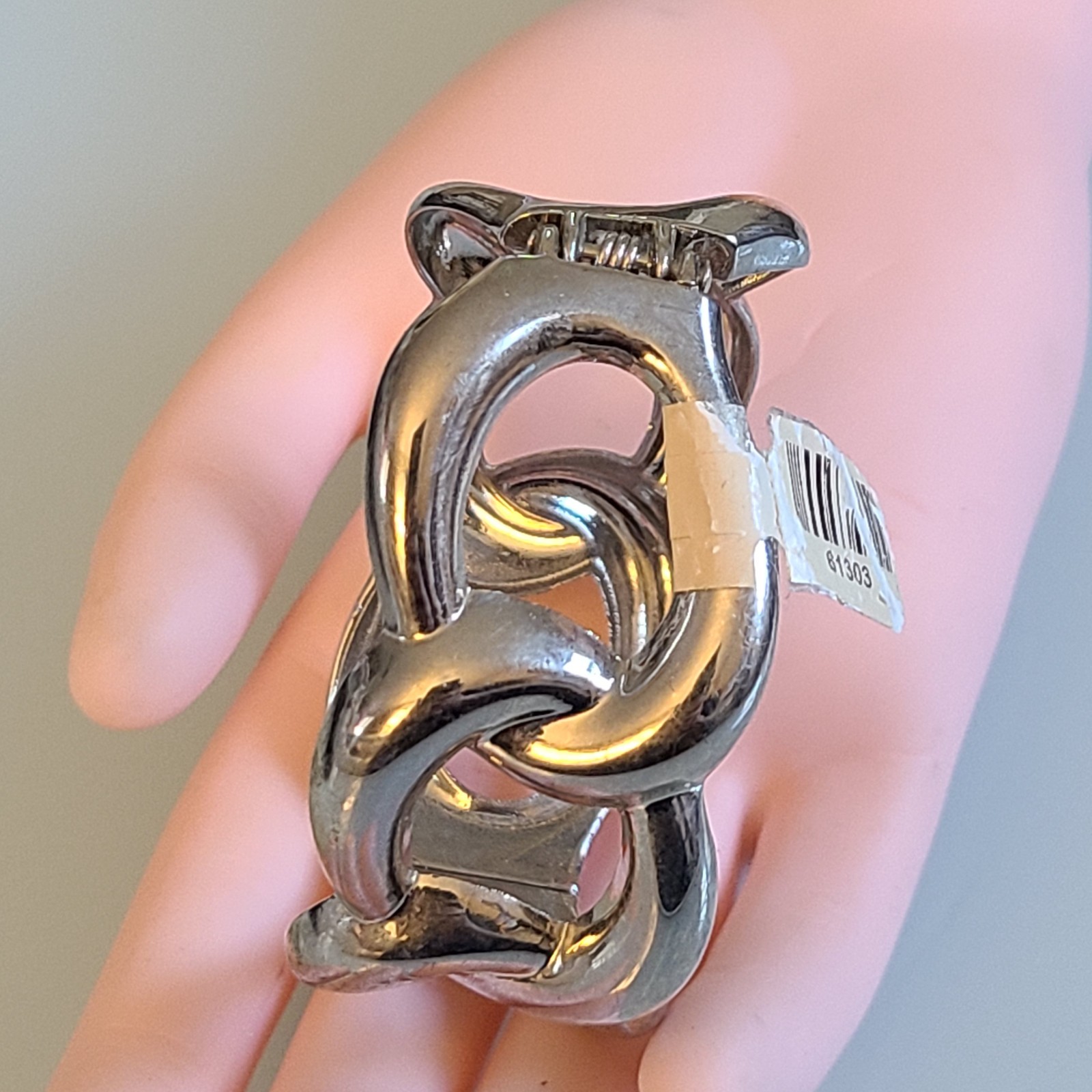 Chunky Silver Tone Polished Linked Statement Bangle Bracelet 1″ Wide Hinged