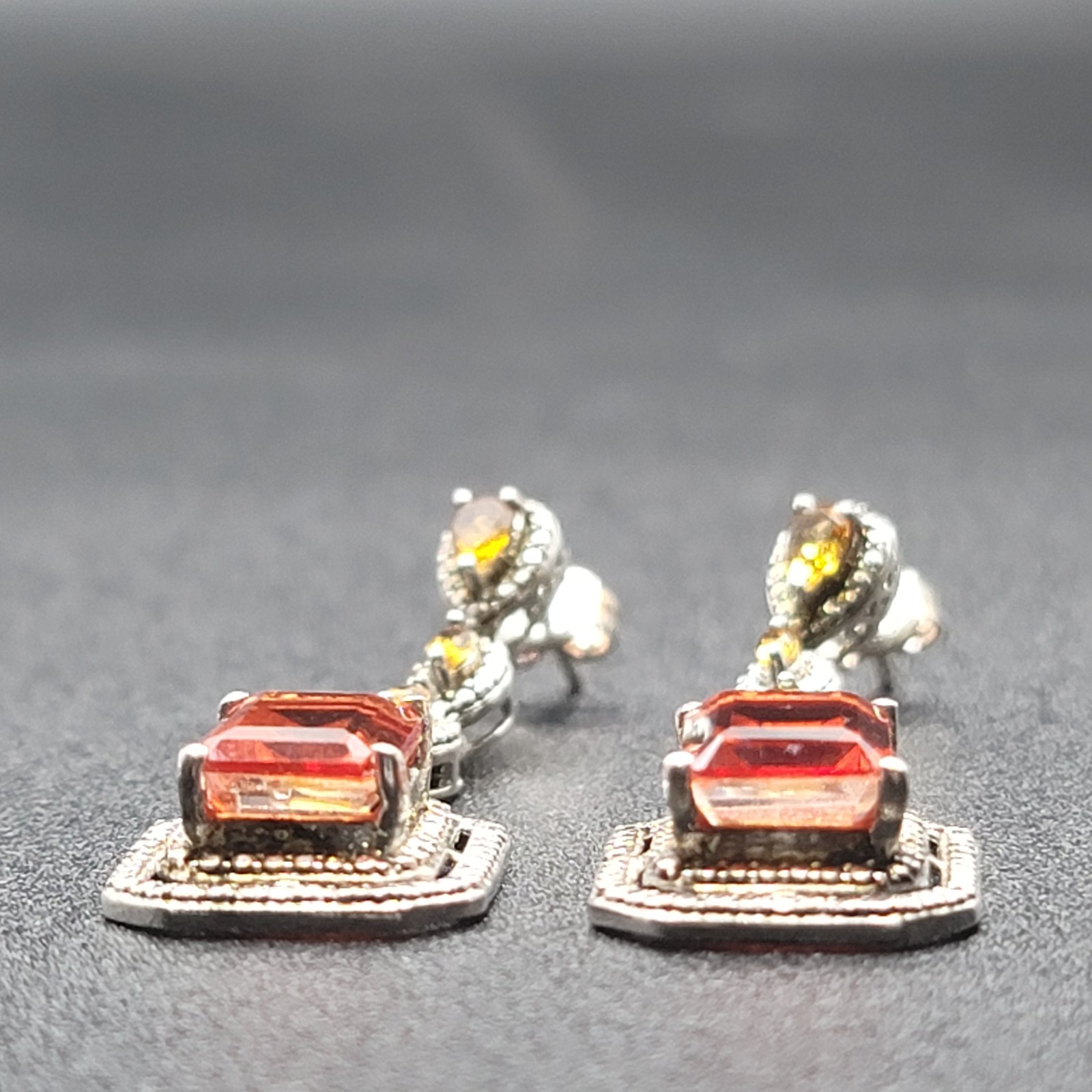 Vtg 925 STS Sterling Silver/Citrine Art Deco Pierced Post 2″Dangle Drop Earrings