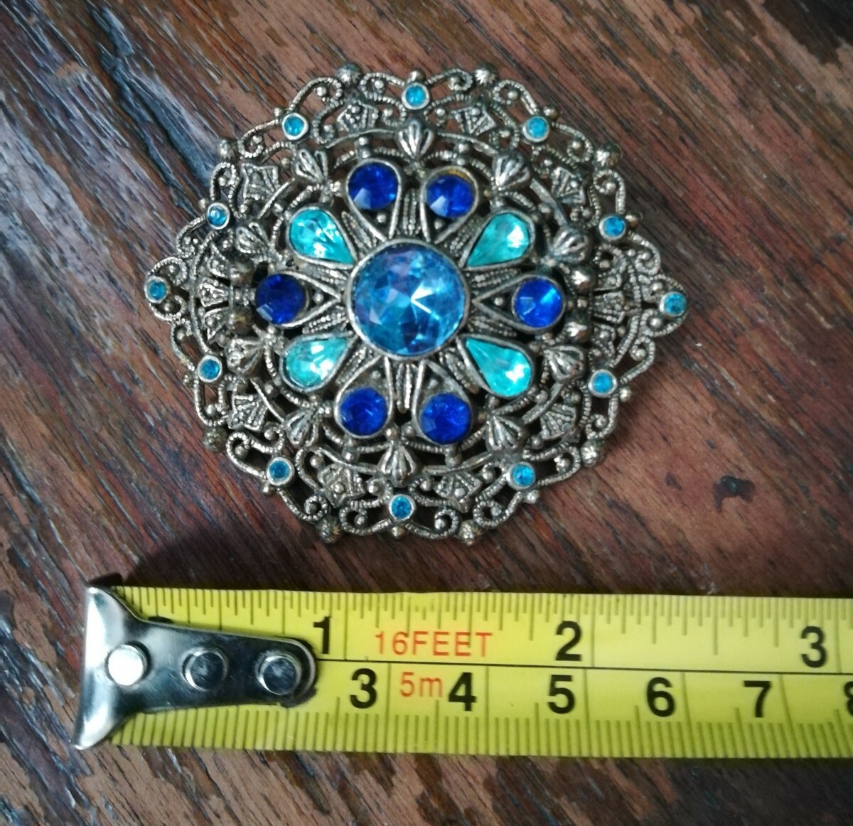 New England Glass Works Antique Brooch Pin Shades of Blue Rhinestones Filigree