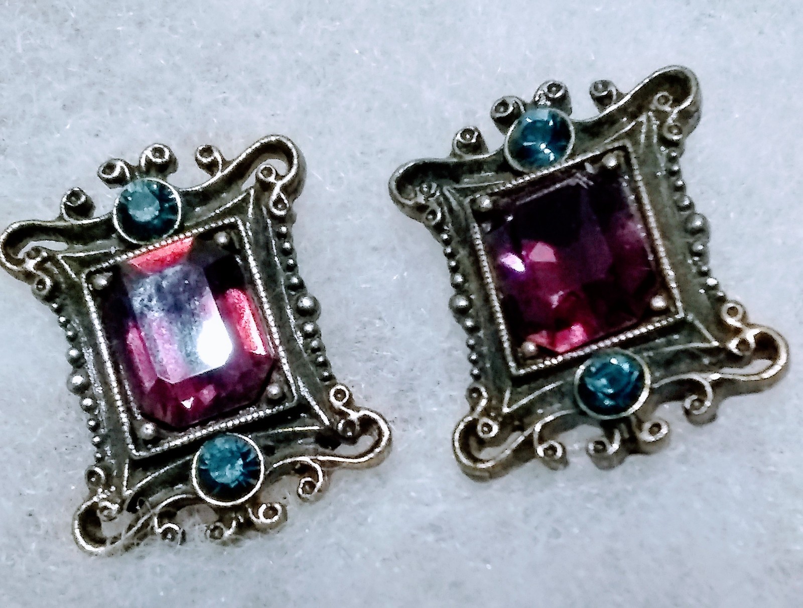 Vintage earrings with amethyst colored and blue stones 1″