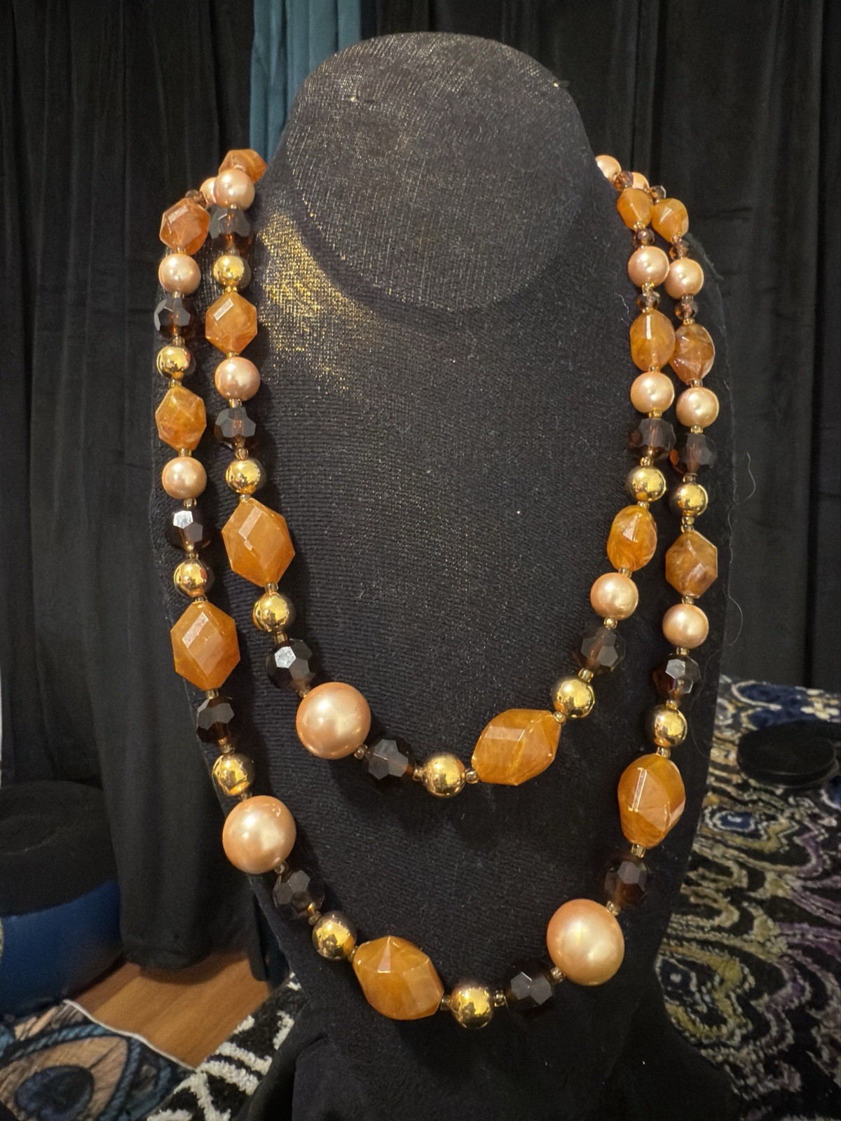 Vintage Made In France Multi Strand Amber Glass Faux Pearl Necklace 1960s-70s