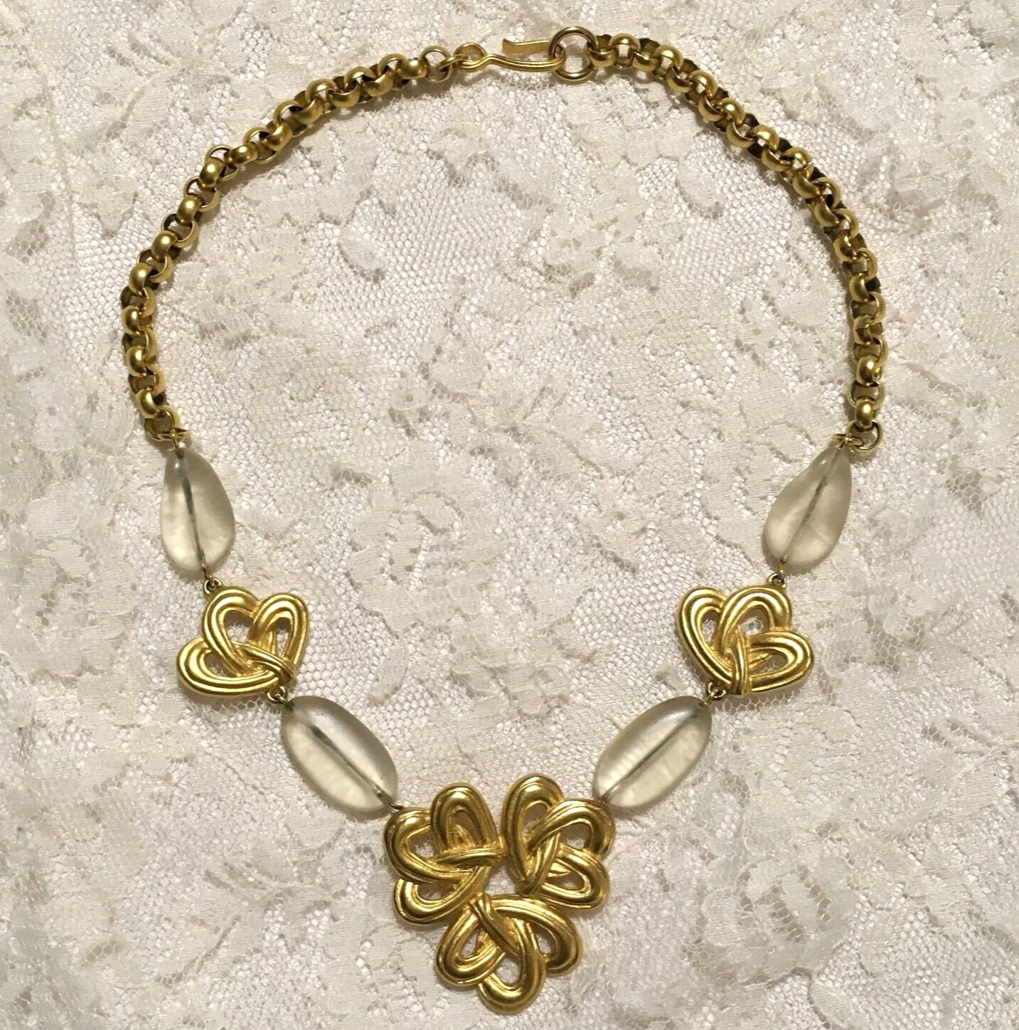 Gold Tone Clear Bead Statement Necklace Floral Open Design Round Links