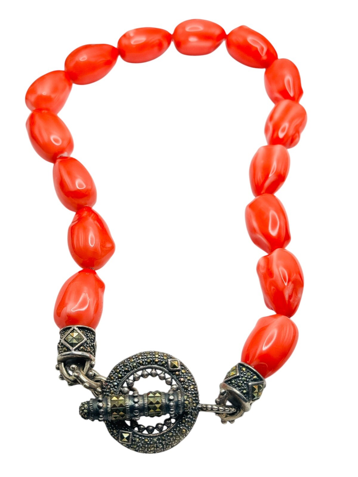Sterling Silver Red Stone Marcasite Necklace Large Toggle Clasp 18″