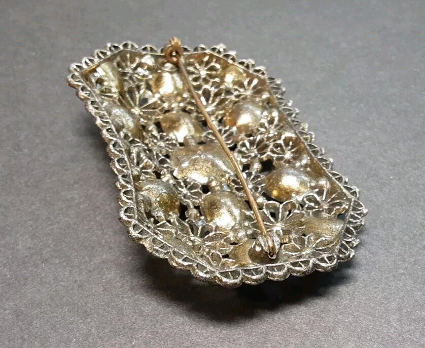 Vintage New England Glass Works Large Brooch Green Rhinestone 2 3/4″ x 1 3/4″