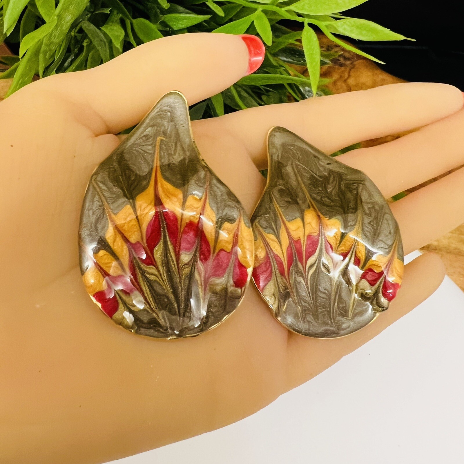 Vintage Huge Earrings Enamel Abstract Gold Green Red Yellow Flame Oversized 4001