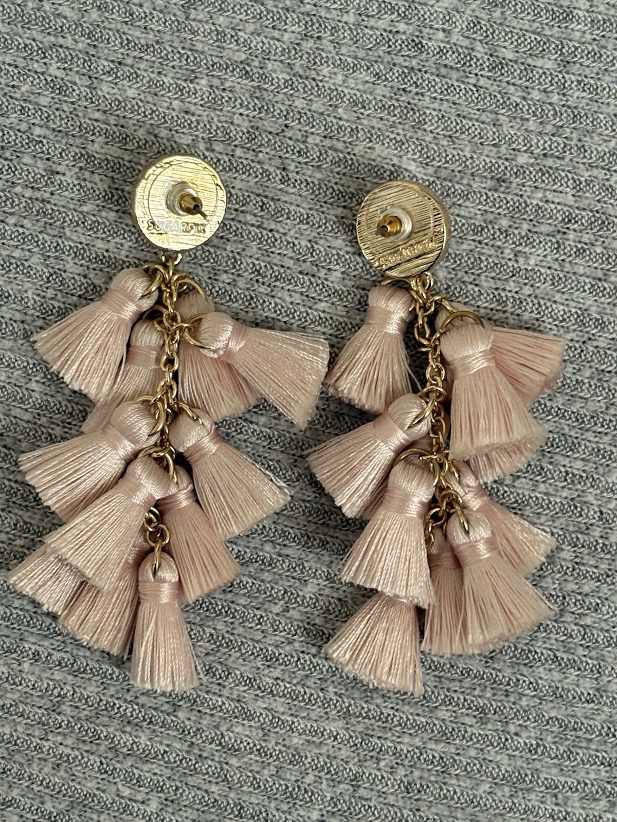 Vintage Sugarfix signed gold tone light pink tassel dangle earrings
