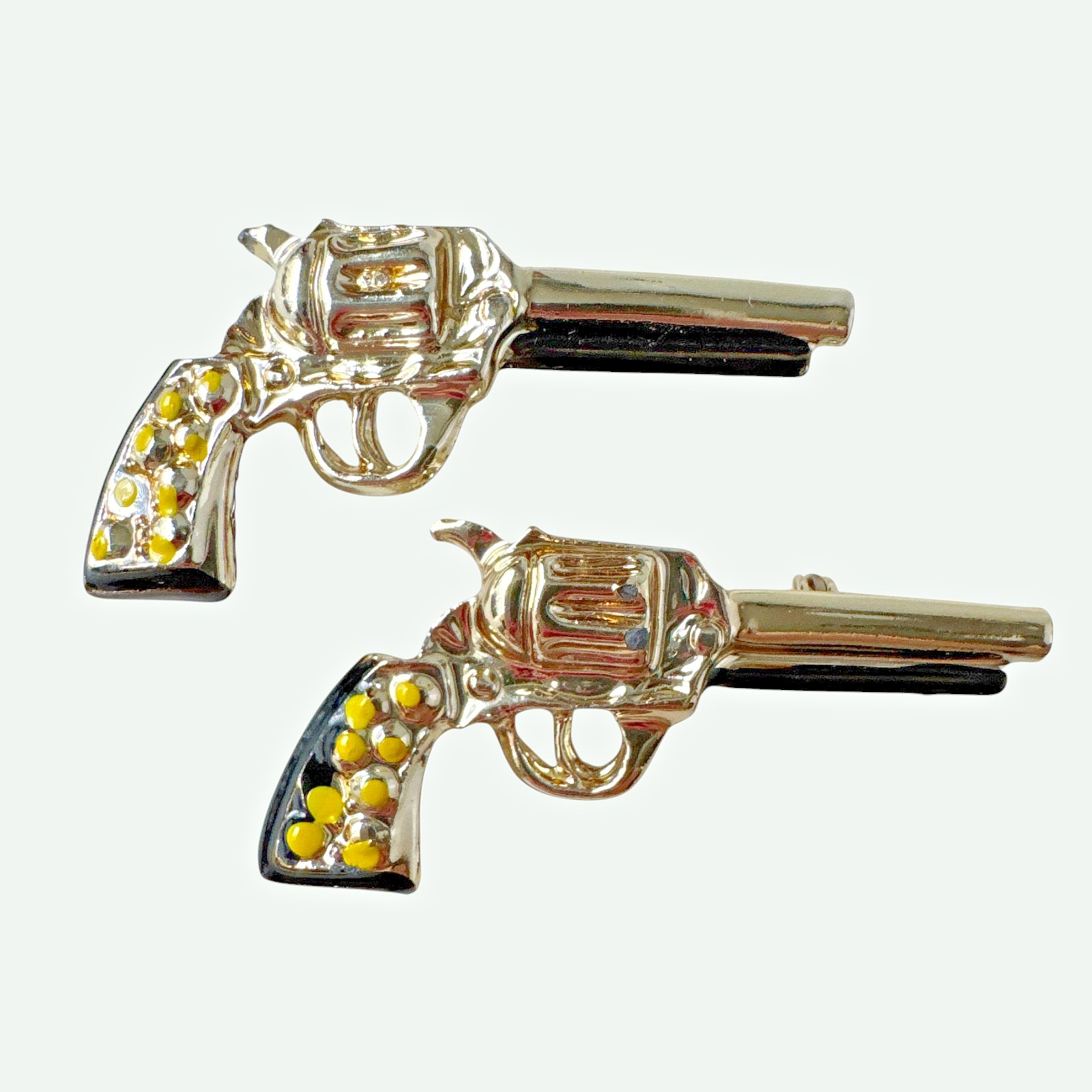 Pistol Handgun Brooch Pin Set of Two – Gold Tone & Enamel w/ Safety Clasps