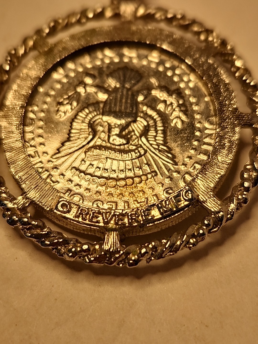 Vintage 1974 KENNEDY LIBERTY COIN Half Dollar Pendant ~ Signed Revere MFG.