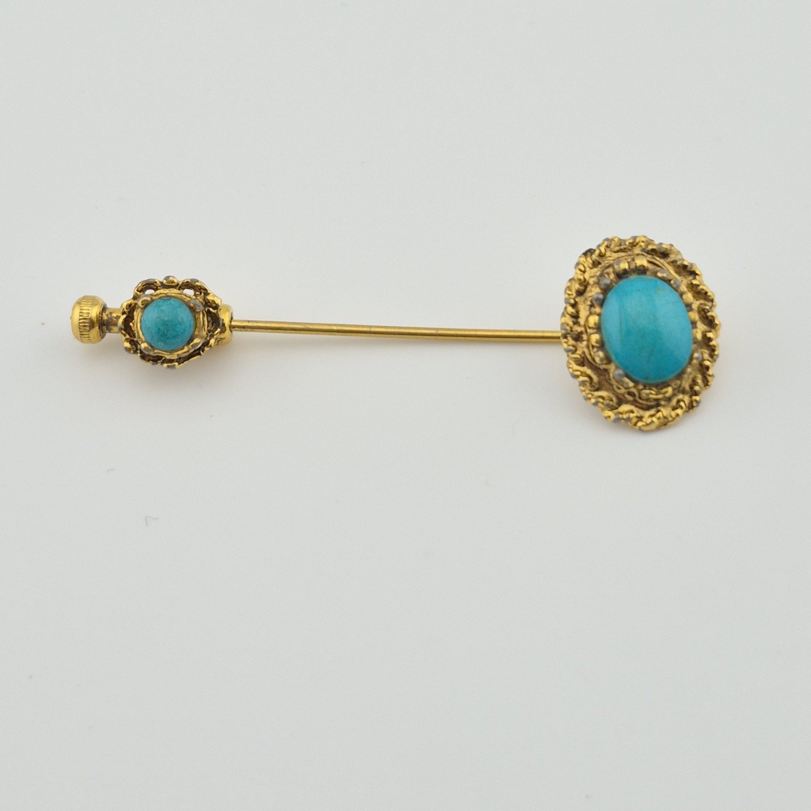 Vintage Ornate Gold Tone Turquoise Stick Pin Lapel Hat Pin with Safety Clutch