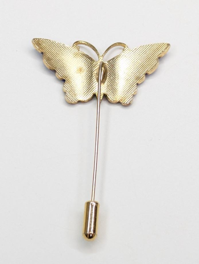 Vintage Blue & White Enamel Open Wing Butterfly Gold Tone Stick Pin 2.5″